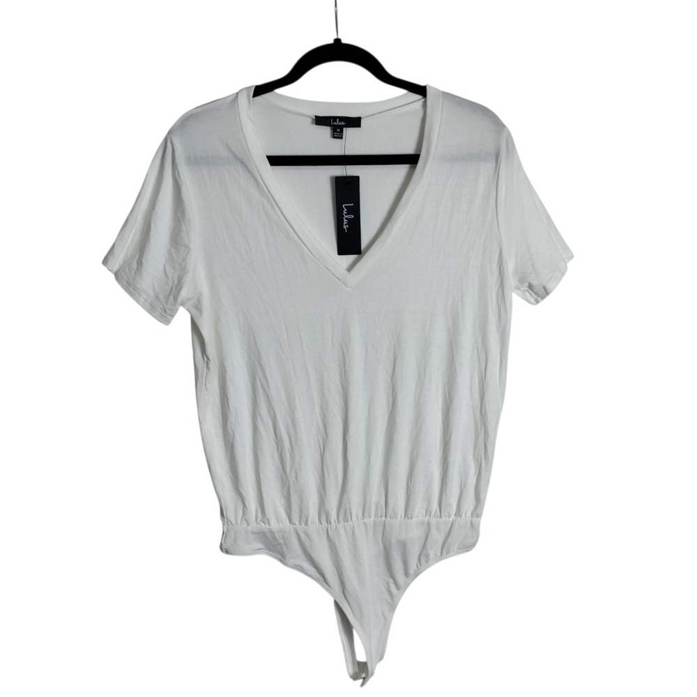 Lulus White V-Neck Short Sleeve Thong Bodysuit Medium